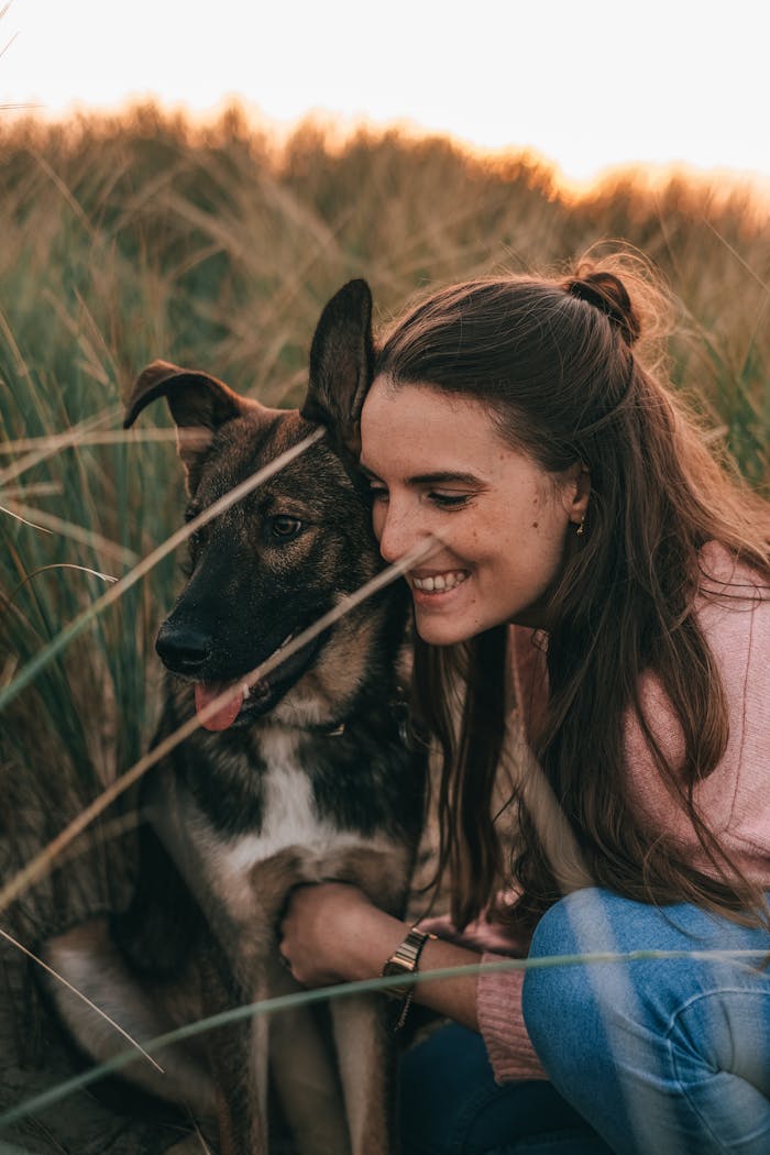 Happy young female owner in casual clothes smiling and hugging adorable loyal German Shepherd dog while spending time together in rural field at sunset